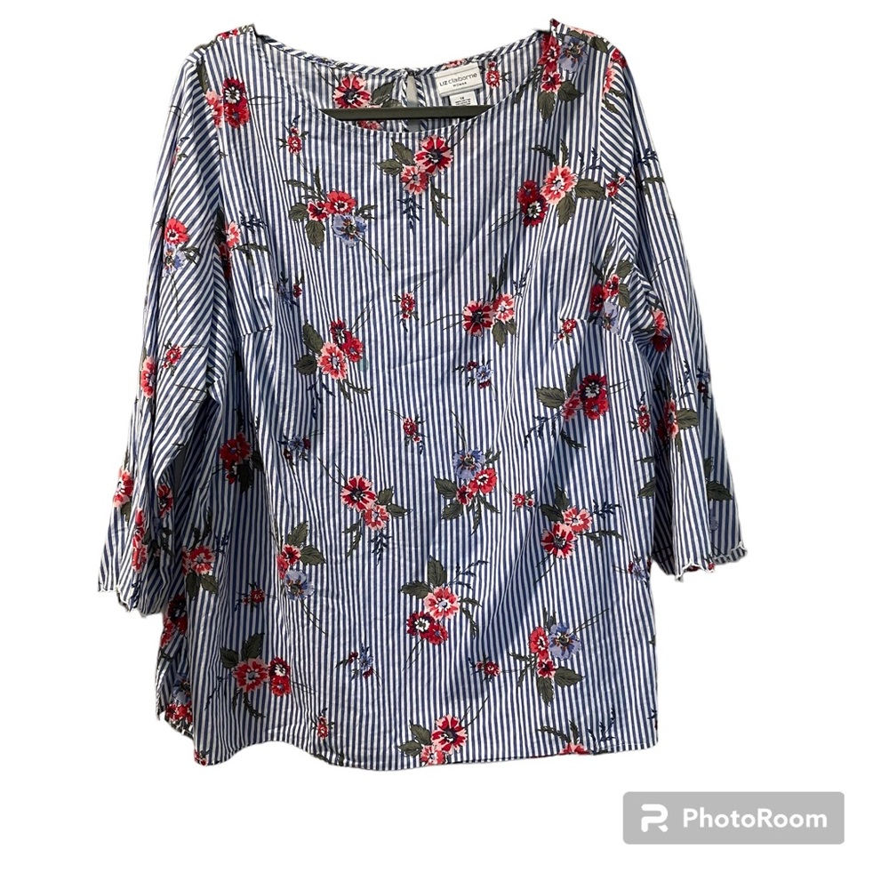 Liz Claiborne Top Blouse Flower Print with Stripes Cotton Gently Worn 1X Summer